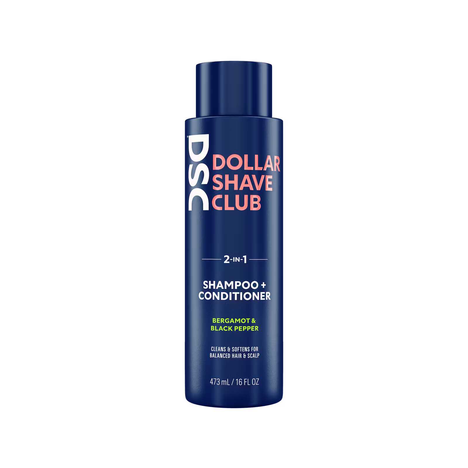 Dollar Shave Club Shampoo and Conditioner Bergamot Black Pepper against blank backdrop.